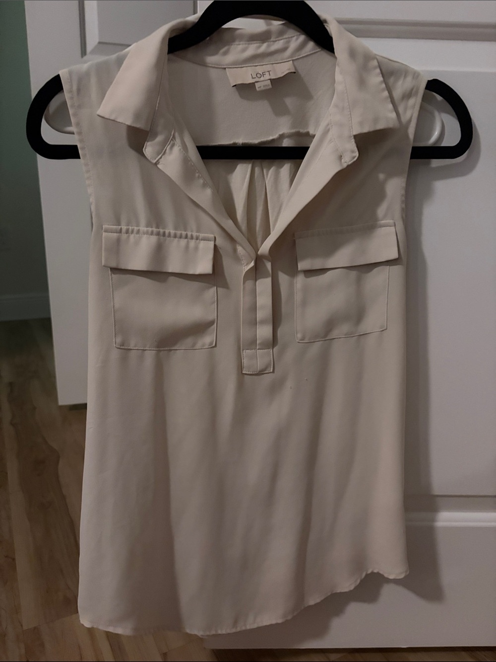 LOFT Cream Sleeveless Collared Blouse with Chest Pockets